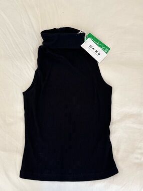 NA-KD Black Ribbed Turtleneck Tank Top